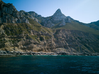 Detail of the fragmented rocky coastline of the Marettimo island, a protected maritime natural reserve in the middle of Mediterranean sea in Italy