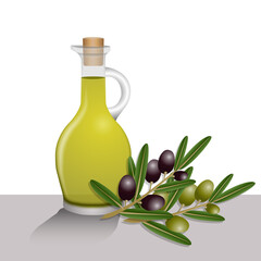 Cuisine - illustration 3D d’une petite bouteille d’huile d’olive avec des branches d’olives vertes et noires.
