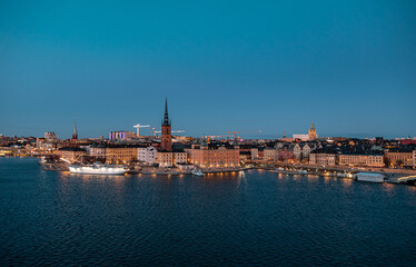 Naklejka na ściany i meble Scenic panorama of the Old Town of Stockholm architecture pier. Gamla Stan.