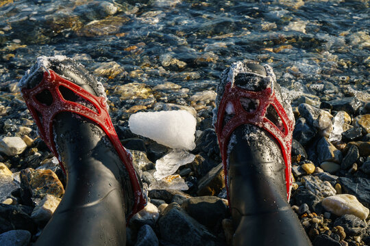Ice spikes/grampons worn over boots for a glacier hike on an Arctic cruise, in North Spitsbergen, Svalbard
