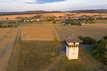 Top view of the replica of a Roman watchtower on the Limes near Idstein / Germany in the warm...