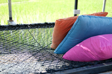 thread rope net bed pillow for sleeping beside rice paddy field