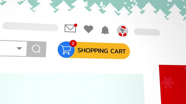 Close up shot animation of shopping cart icon on computer screen with animated counting numbers add online commodity on shopping web page. 4k footage 60 fps.