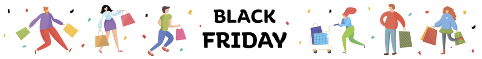 Long banner on black Friday. People rush shopping. Vector illustration flat people on shopping. Sale and 
coupons.