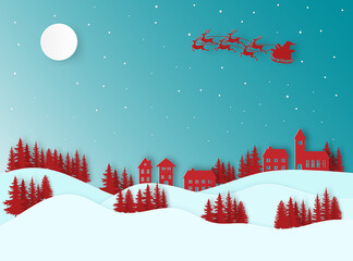 Fototapeta na wymiar Winter landscape with houses and trees.Santa Claus on the sky in winter season.Merry Christmas and Happy New Year. paper art design.Vector EPS 10.