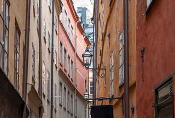 Fototapeta na wymiar Old narrow street in Gamla Stan, Stockholm, Sweden.