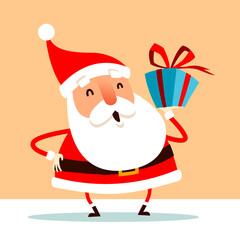 Santa Claus holding Christmas gift box present on hand. Flat vector concept illustration.