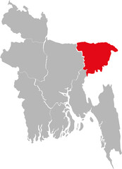 Sylhet division highlighted on Bangladesh map. Gray background.