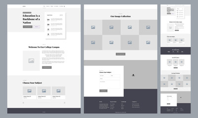 One page landing website design template for education primary school. Landing page ux ui wireframe. Flat modern responsive design. website: home, about, subject, teacher, gallery, fun fact, map.