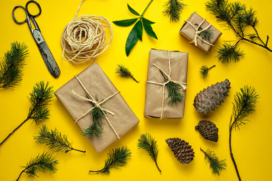 Handmade gifts from craft paper and tied with rope