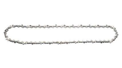 chainsaw chain isolated on white background, flat lay chain links.