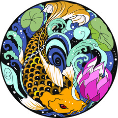 Illustration art in circle. The Japanese art and design to cd-rom or circle cover.Snake, Phoenix, Koi fish and hanya demon's mask design for tattoo.