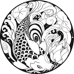 Illustration art in circle. The Japanese art and design to cd-rom or circle cover.Snake, Phoenix, Koi fish and hanya demon's mask design for tattoo.