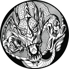Illustration art in circle. The Japanese art and design to cd-rom or circle cover.Snake, Phoenix, Koi fish and hanya demon's mask design for tattoo.