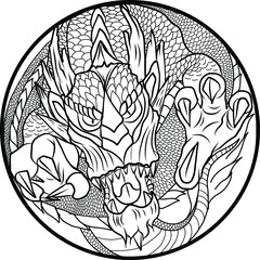 Illustration art in circle. The Japanese art and design to cd-rom or circle cover.Snake, Phoenix, Koi fish and hanya demon's mask design for tattoo.