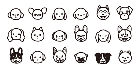 色々な種類の犬の顔のアイコンセット