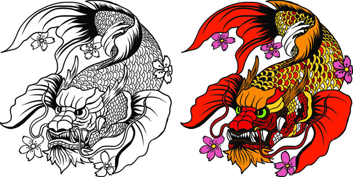 Illustration art in circle. The Japanese art and design to cd-rom or circle cover.Snake, Phoenix, Koi fish and hanya demon's mask design for tattoo.