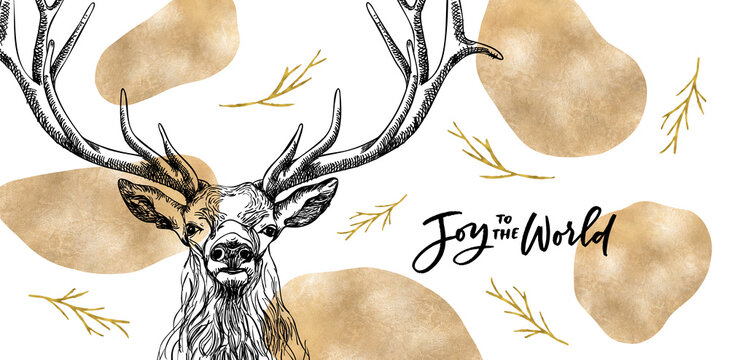 Luxurious golden Christmas Card with hand-drawn majestic deer with big antlers. Illustration for cards, invitations, banners and social media.