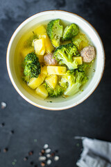 soup meatballs broccoli vegetables broth first course meat chicken or turkey serving healthy meal top view copy space for text food background rustic keto or paleo diet