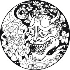 Illustration art in circle. The Japanese art and design to cd-rom or circle cover.Snake, Phoenix, Koi fish and hanya demon's mask design for tattoo.