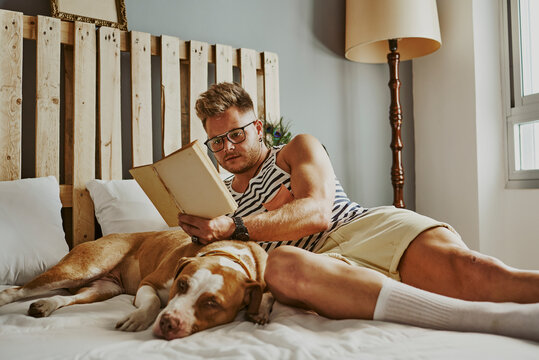 A young blond boy reading in bed with his dog