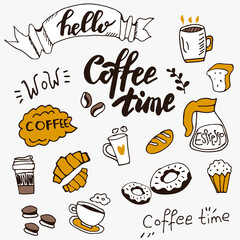 Vector hand drawn  coffee ilustrations and doodles, vector handwritten lettering  phrases coffee time. Modern set of coffee drinking colorful illustrations.