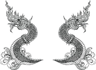 Traditional Line Thai style. Naka Thai Dragon vector and illustration isolate. Naga or Naka is Buddha's animal ,It's king of snake in South East Asia. - obrazy, fototapety, plakaty