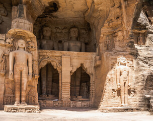 Fototapeta premium Jain sculptures at the western gate to fort Gwalior, India