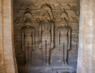 Fototapeta premium Jain sculptures at the western gate to fort Gwalior, India