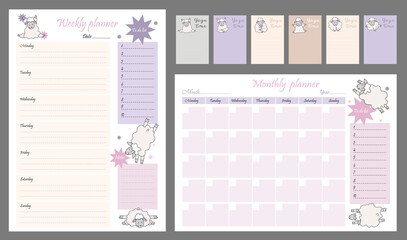 Cute planner templates - for the day, week, month, to-do list and place for notes. Organizer and Schedule with Notes and To Do List. yoga pets. funny sheep in asanas. Vector illustration A4. Isolated