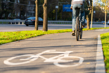 Naklejka premium Cycle path in the city park. Bicycle sign on the road