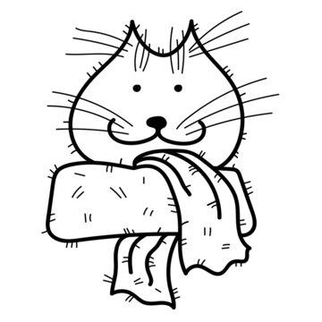 Cute drawn cat in scarf. isolated contour illustration for fabric, poster, postcard, etc.	
