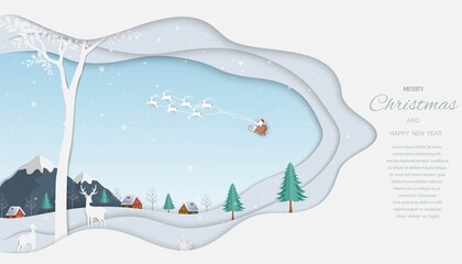 Merry Christmas and Happy new year greeting card,reindeer with Santa Claus on winter background © pakatip