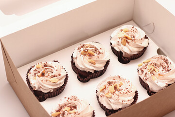 Six chocolate brownies with white cream on top on a white plate. Studio photo at an angle