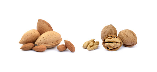 Pile of almonds and walnuts  isolated on white background
