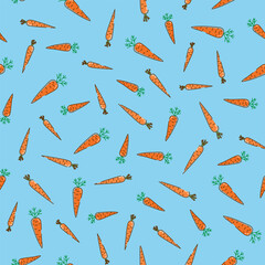 Carrot vegetable seamless pattern on blue background. Vector illustration for wallpaper, textiles, fabric, paper.