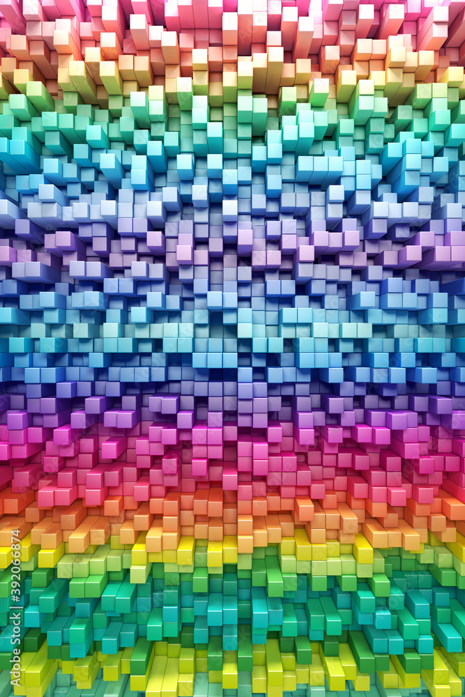Poster 3d rendering abstract background multicolored cubes wall, vertical orientation