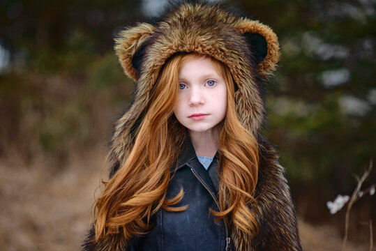Young Girl Long Red Hair Wearing Bear Spirit Hood