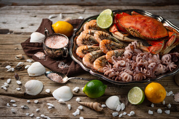 Appetizing assorted seafood. Cooked crab, baby octopuses and tiger shrimps served with lime and seashells on rustic wooden background. Seafood concept. Delicious meal.