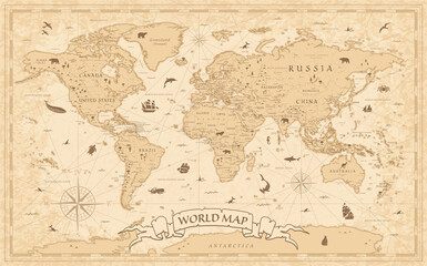 Fototapeta na wymiar World Map Vintage Old-Style - - layers