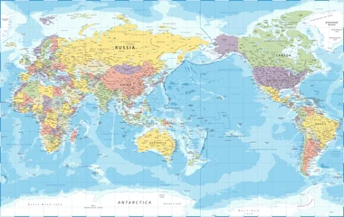  World Map - Pacific View - Asia China Center - Political Topographic -  Detailed Illustration © Porcupen