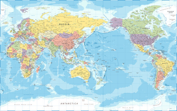 World Map - Pacific View - Asia China Center - Political Topographic -  Detailed Illustration