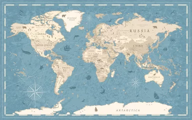 Türaufkleber Weltkarte Weltkarte Vintage Old-Style - - blau und beige