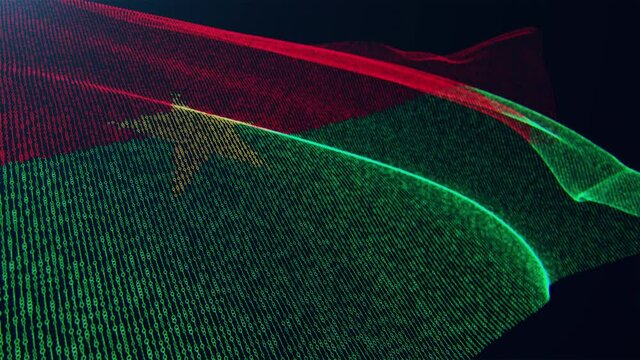 3d render. Burkina Faso digital flag with binary code texture flies in the wind. Seamless loop.