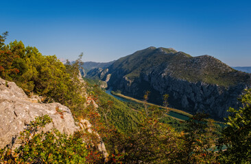 Panorama of the canyon of the river Cetina in Omis. Croatia, Europe. August 2020