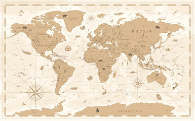 Fototapeta na wymiar World Map Vintage Cartoon Detailed -