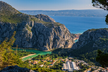 Fototapeta na wymiar Panorama of the canyon of the river Cetina in Omis. Croatia, Europe. August 2020