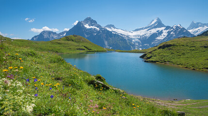 Naklejka na ściany i meble pictorial hiking destination Bachalpsee, view to mountain range and flower meadow, Bernese Oberland