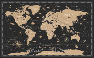 World Map Vintage Black Golden Detailed -
