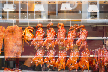 Roast ducks on display at a Chinese restaurant in London Chinatown
